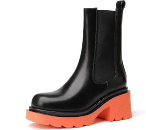 vivianly Womens Chelsea Boots Lug Sole Platform Mid Calf Boots Elastic Slip on Boots Block Heel Ankle Boots for Casual Wear, Costume
