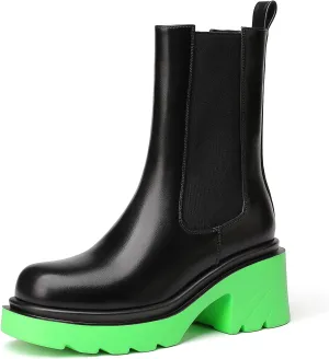 vivianly Womens Chelsea Boots Lug Sole Platform Mid Calf Boots Elastic Slip on Boots Block Heel Ankle Boots for Casual Wear, Costume