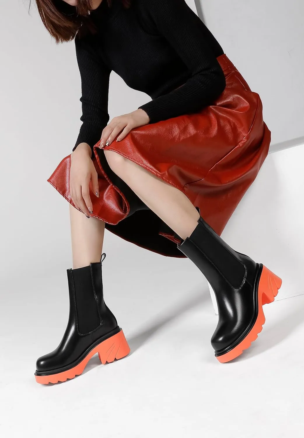 vivianly Womens Chelsea Boots Lug Sole Platform Mid Calf Boots Elastic Slip on Boots Block Heel Ankle Boots for Casual Wear, Costume