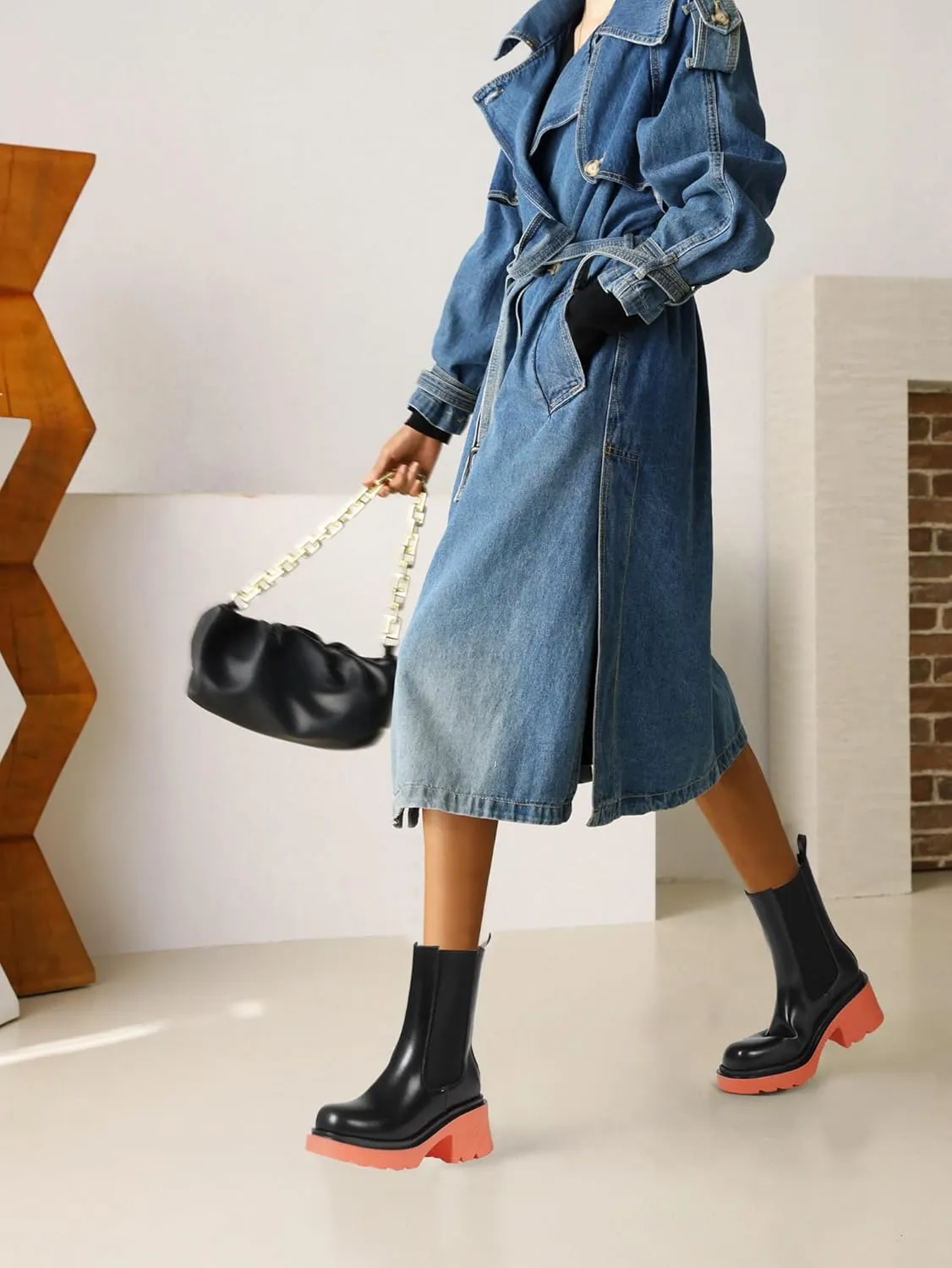 vivianly Womens Chelsea Boots Lug Sole Platform Mid Calf Boots Elastic Slip on Boots Block Heel Ankle Boots for Casual Wear, Costume