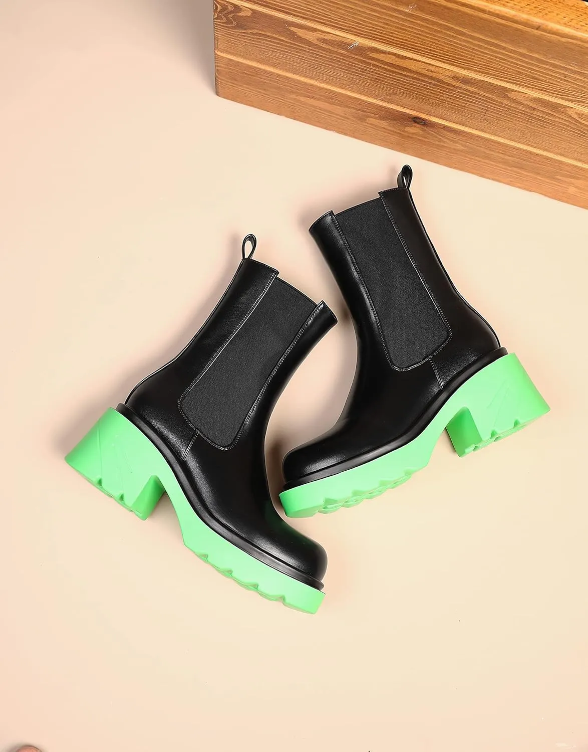 vivianly Womens Chelsea Boots Lug Sole Platform Mid Calf Boots Elastic Slip on Boots Block Heel Ankle Boots for Casual Wear, Costume