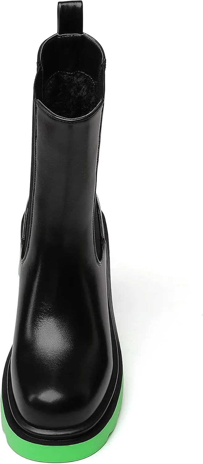 vivianly Womens Chelsea Boots Lug Sole Platform Mid Calf Boots Elastic Slip on Boots Block Heel Ankle Boots for Casual Wear, Costume