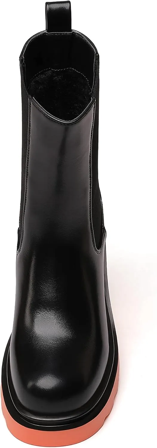 vivianly Womens Chelsea Boots Lug Sole Platform Mid Calf Boots Elastic Slip on Boots Block Heel Ankle Boots for Casual Wear, Costume