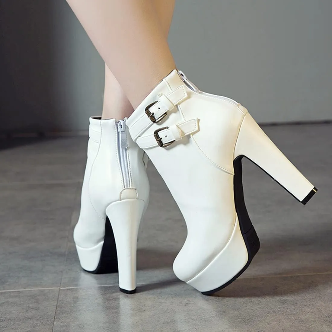 VOKLIN Women's Platform Block High Heel Ankle Boots Fashion Buckle Round Toe Back Zipper Dressy Short Booties