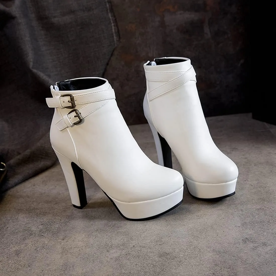 VOKLIN Women's Platform Block High Heel Ankle Boots Fashion Buckle Round Toe Back Zipper Dressy Short Booties