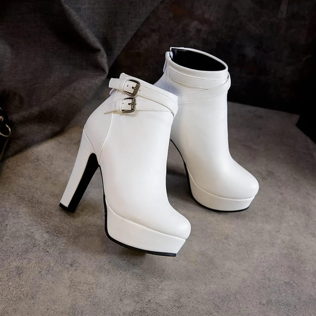 VOKLIN Women's Platform Block High Heel Ankle Boots Fashion Buckle Round Toe Back Zipper Dressy Short Booties