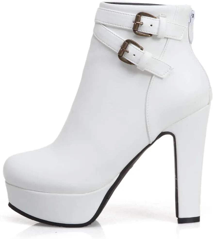 VOKLIN Women's Platform Block High Heel Ankle Boots Fashion Buckle Round Toe Back Zipper Dressy Short Booties
