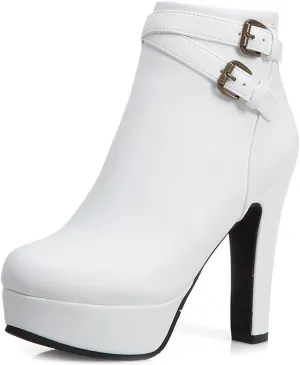 VOKLIN Women's Platform Block High Heel Ankle Boots Fashion Buckle Round Toe Back Zipper Dressy Short Booties