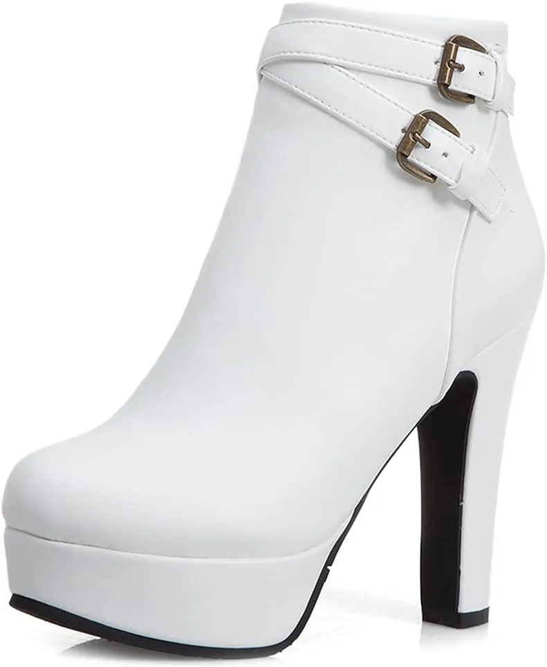 VOKLIN Women's Platform Block High Heel Ankle Boots Fashion Buckle Round Toe Back Zipper Dressy Short Booties