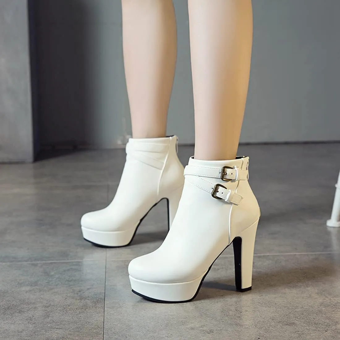 VOKLIN Women's Platform Block High Heel Ankle Boots Fashion Buckle Round Toe Back Zipper Dressy Short Booties