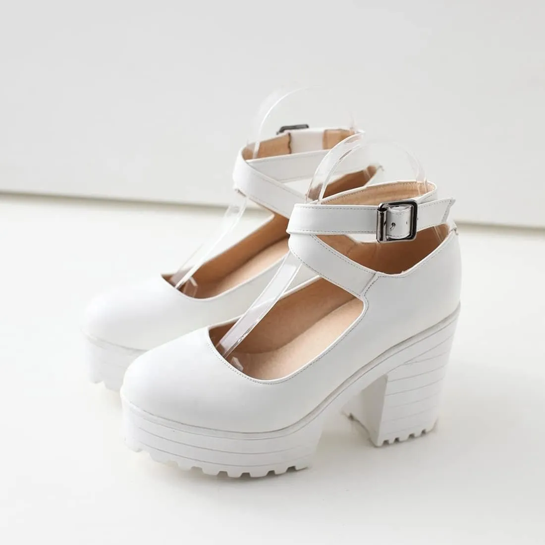 VOKLIN Women's Round Toe Platform Cross Ankle Strap Mary Janes Pumps Chunky High Block Heel Dress Pump Shoes