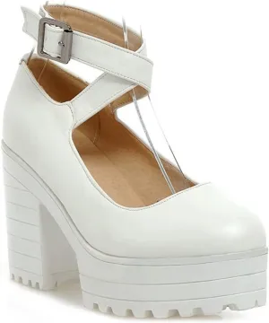 VOKLIN Women's Round Toe Platform Cross Ankle Strap Mary Janes Pumps Chunky High Block Heel Dress Pump Shoes
