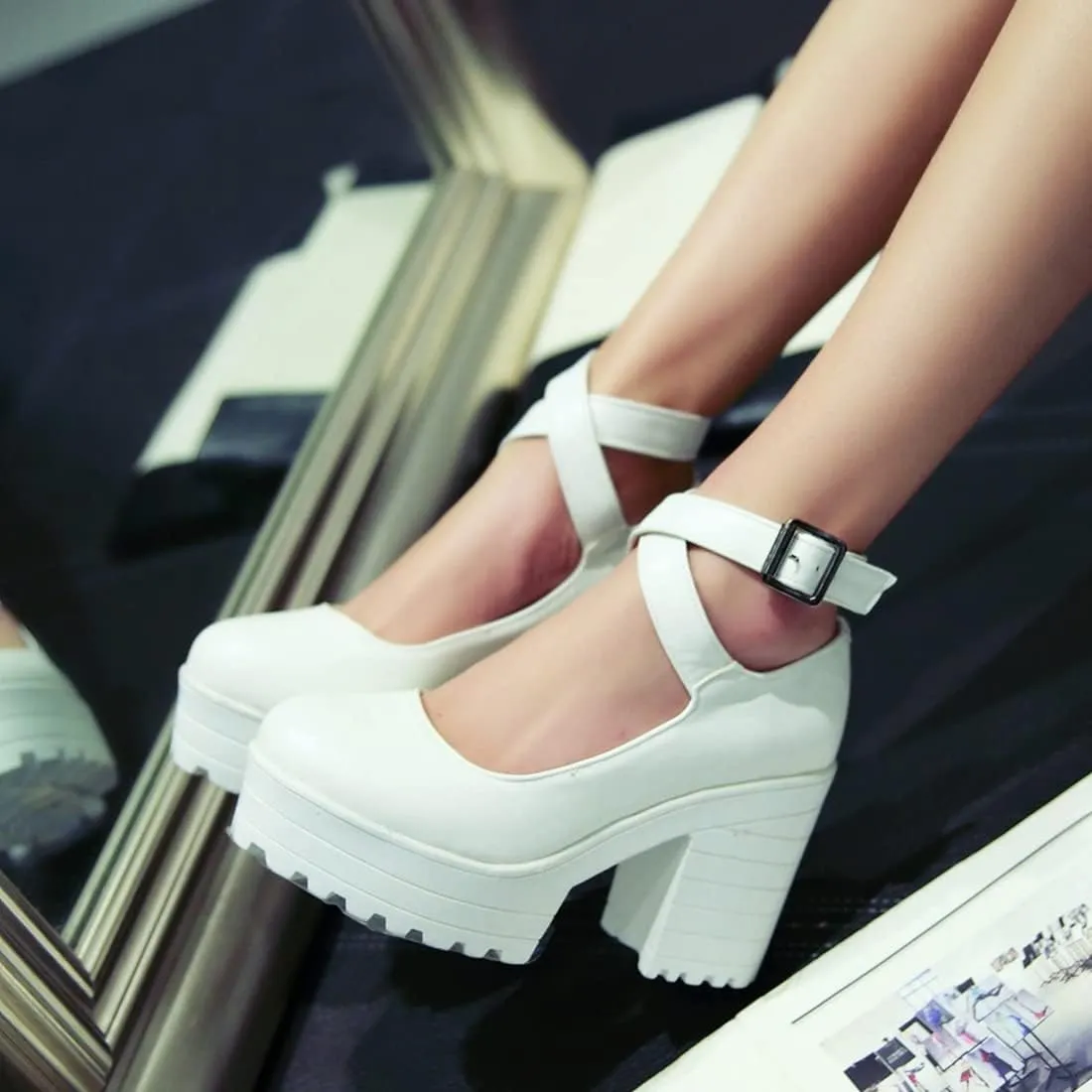 VOKLIN Women's Round Toe Platform Cross Ankle Strap Mary Janes Pumps Chunky High Block Heel Dress Pump Shoes