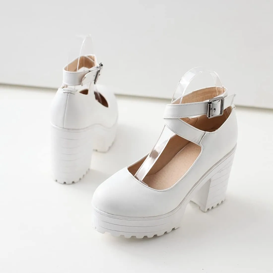 VOKLIN Women's Round Toe Platform Cross Ankle Strap Mary Janes Pumps Chunky High Block Heel Dress Pump Shoes