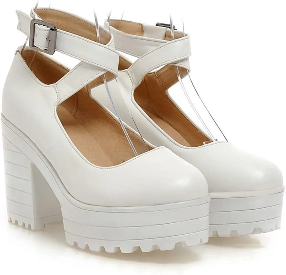 VOKLIN Women's Round Toe Platform Cross Ankle Strap Mary Janes Pumps Chunky High Block Heel Dress Pump Shoes