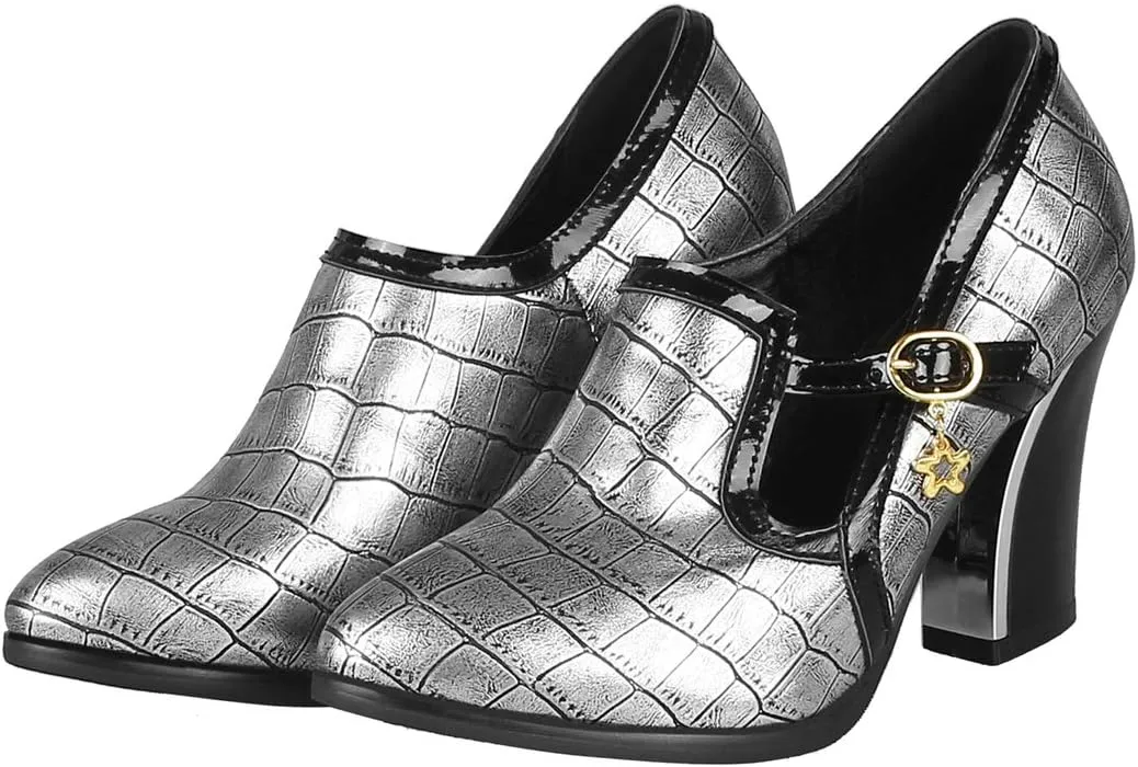 VOKLIN Women's Vintage Plaid Pump Oxfords Brogues Round Toe Wingtip Chunky Block High Heels Dress Shoes