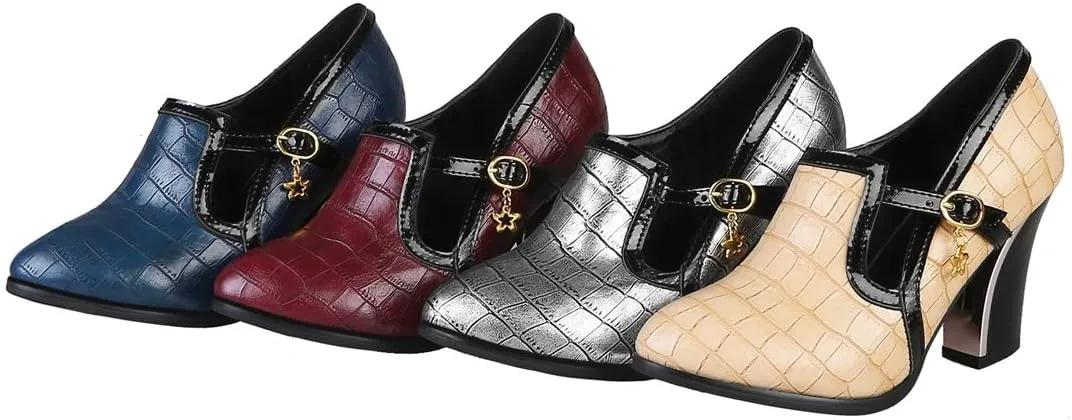 VOKLIN Women's Vintage Plaid Pump Oxfords Brogues Round Toe Wingtip Chunky Block High Heels Dress Shoes
