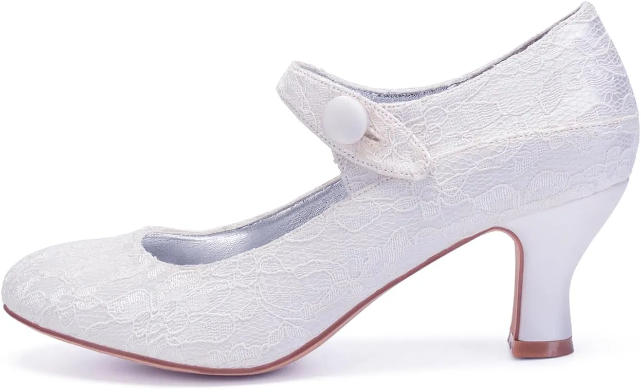 Wedding Shoes for Bride Slip On Lace Wedding Flats Women Round Toe Bridal Shoes Closed Mid Kitten Heel Bridal Shoes