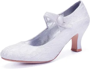 Wedding Shoes for Bride Slip On Lace Wedding Flats Women Round Toe Bridal Shoes Closed Mid Kitten Heel Bridal Shoes
