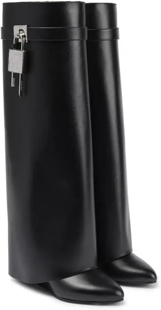 WILDKATZEN Women's Knee High Boots Fold over Wedges Boot Padlock Long Boots