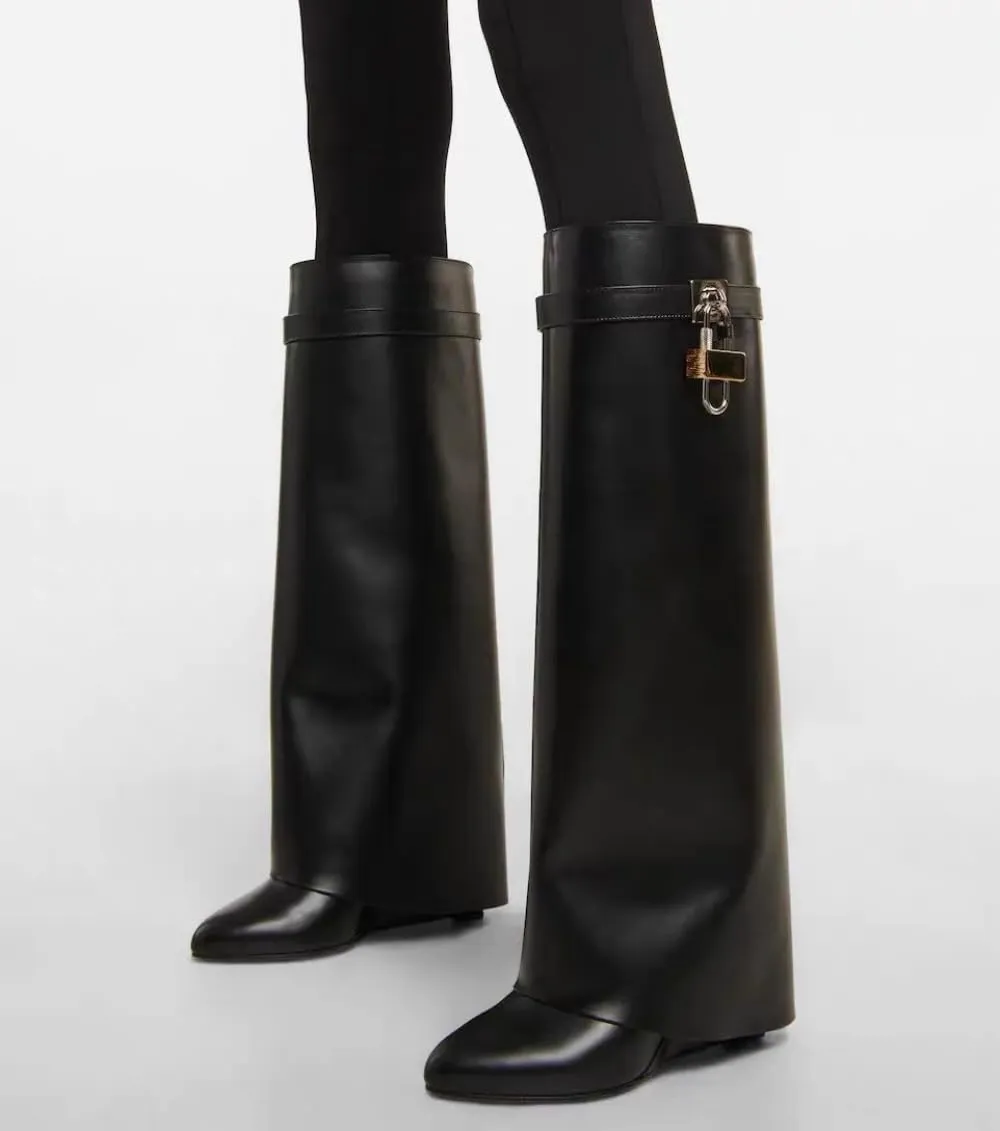 WILDKATZEN Women's Knee High Boots Fold over Wedges Boot Padlock Long Boots