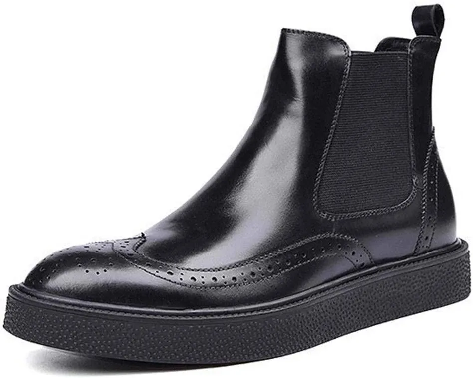 Wingtip Brogue Boot for Men Chelsea BootGenuine Leather Round Toe Outsole Pull On Carving Easy Care Outsole