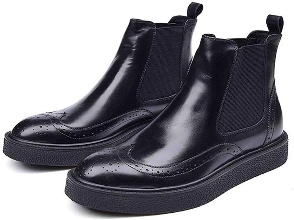 Wingtip Brogue Boot for Men Chelsea BootGenuine Leather Round Toe Outsole Pull On Carving Easy Care Outsole