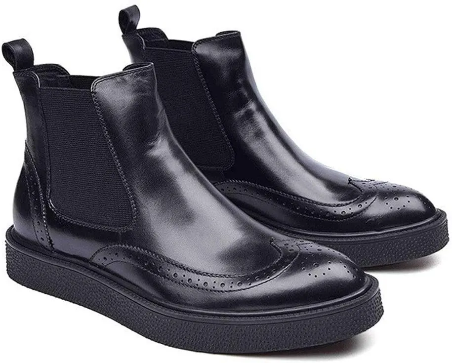 Wingtip Brogue Boot for Men Chelsea BootGenuine Leather Round Toe Outsole Pull On Carving Easy Care Outsole