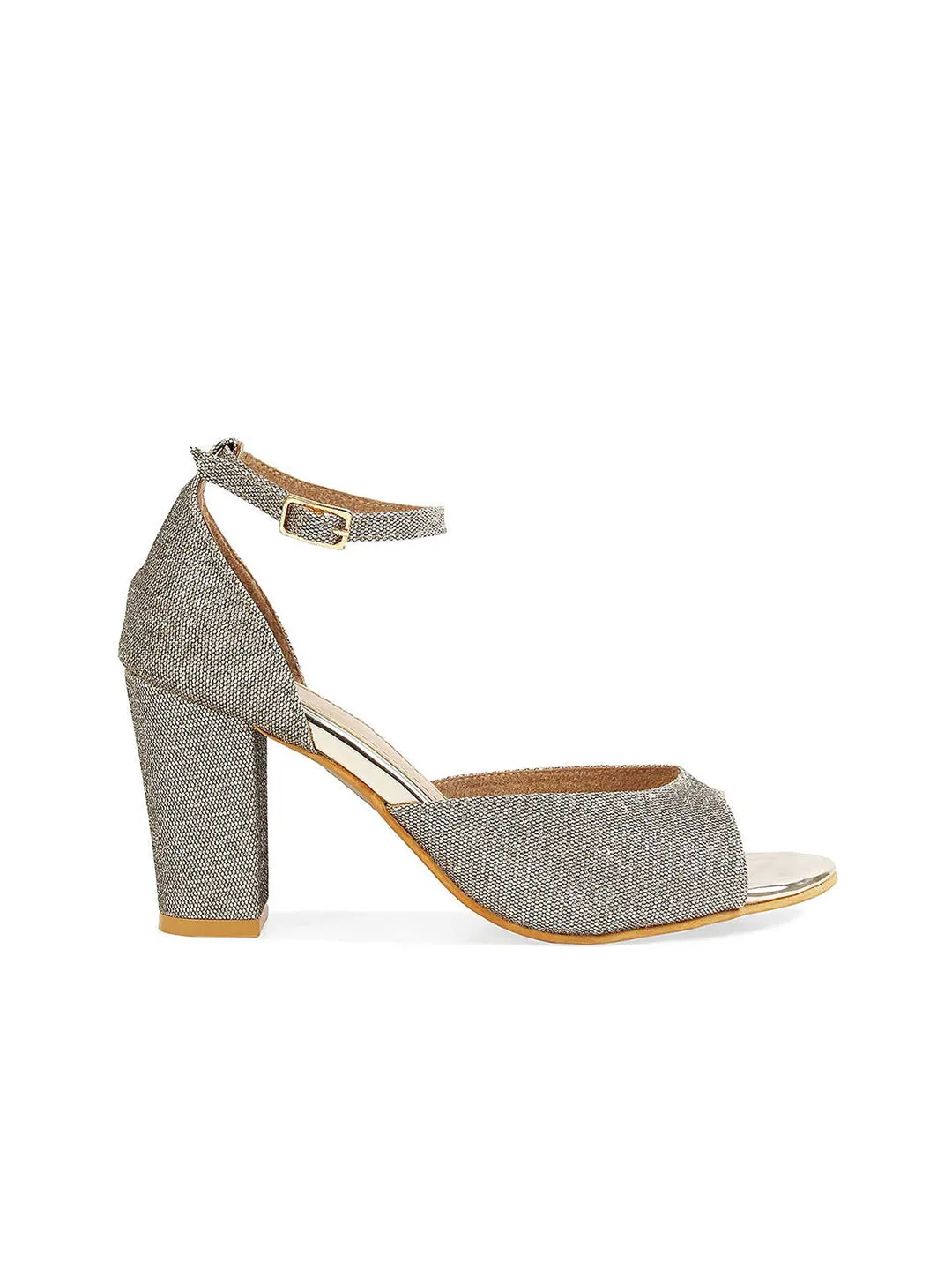 Women Antique Gold Shimmer Strap Block Heels