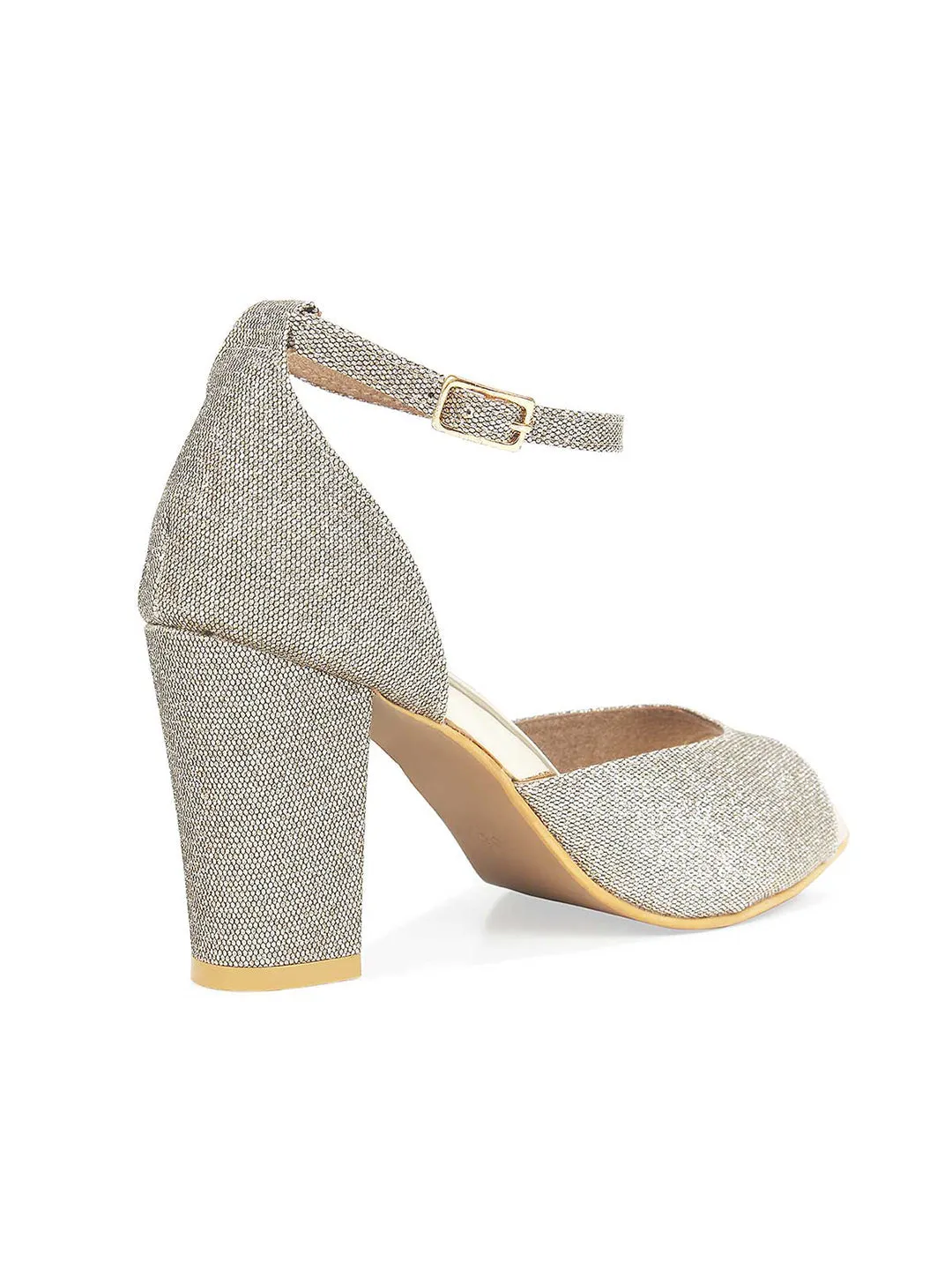 Women Antique Gold Shimmer Strap Block Heels