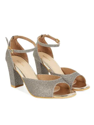 Women Antique Gold Shimmer Strap Block Heels