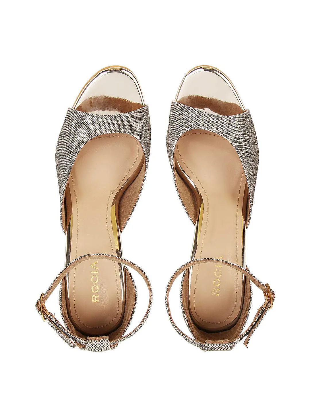 Women Antique Gold Shimmer Strap Block Heels