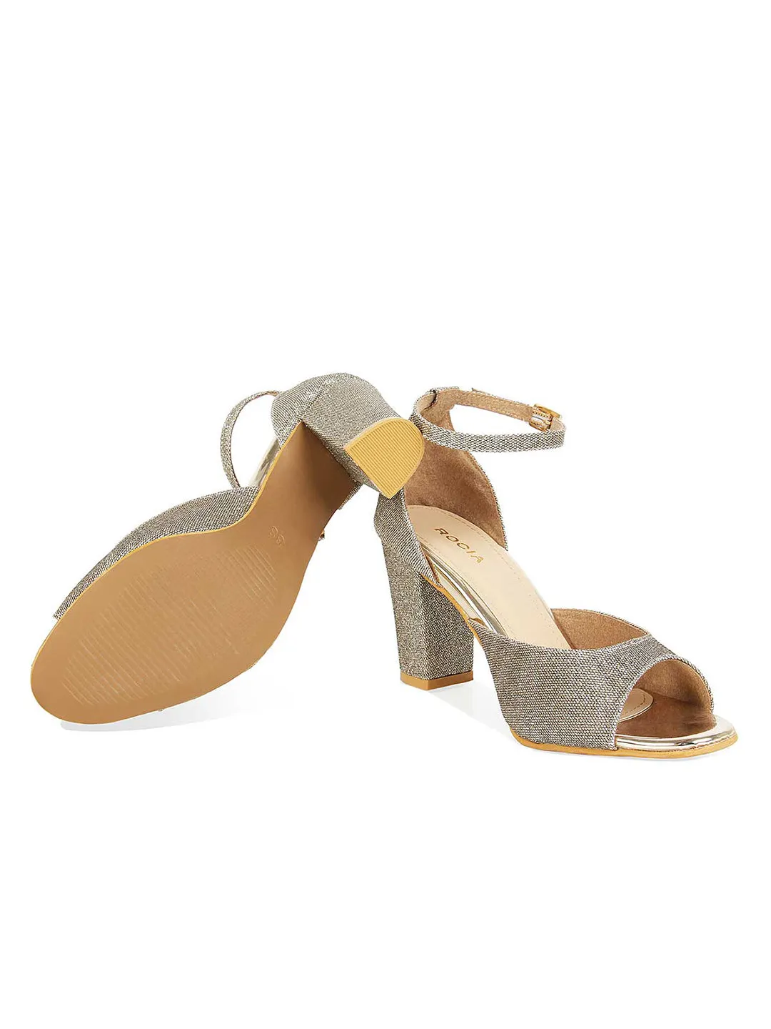 Women Antique Gold Shimmer Strap Block Heels