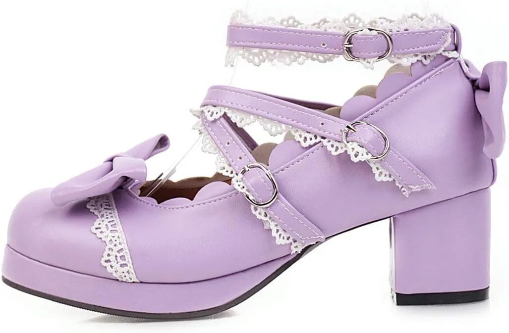 Women Block Heels Ankle Strap Maid Mary Jane Pumps Fashion Sweet Bownot Platform Cross Strap Lolita Princess Single Shoes