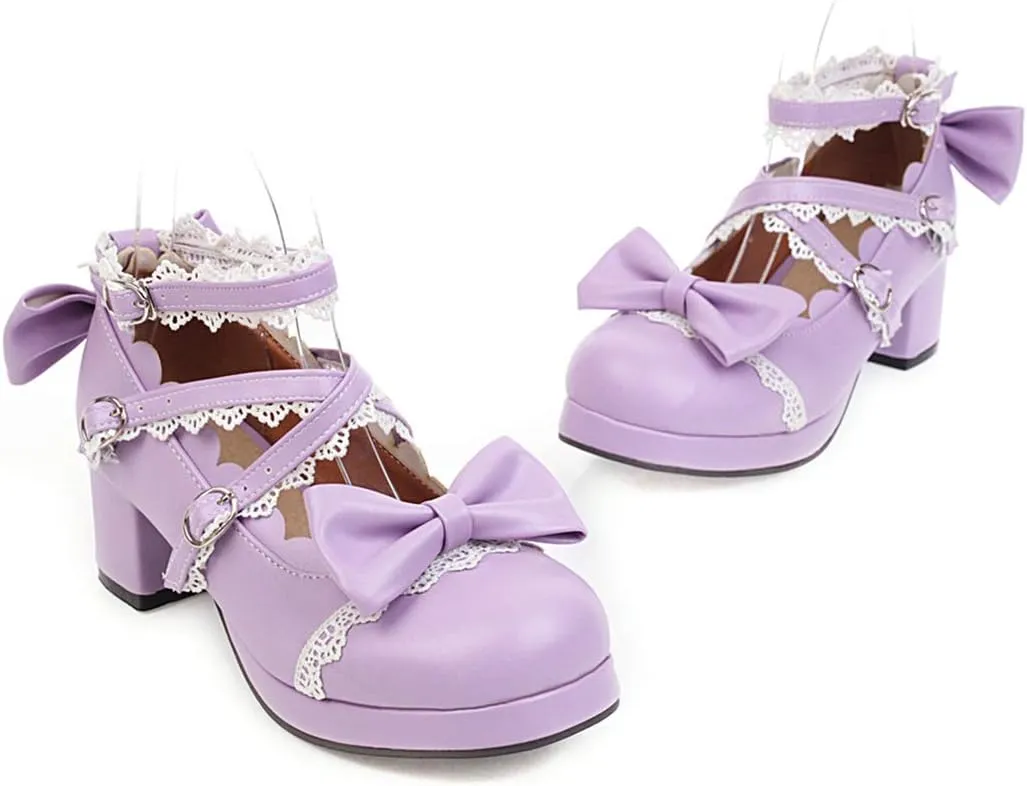 Women Block Heels Ankle Strap Maid Mary Jane Pumps Fashion Sweet Bownot Platform Cross Strap Lolita Princess Single Shoes