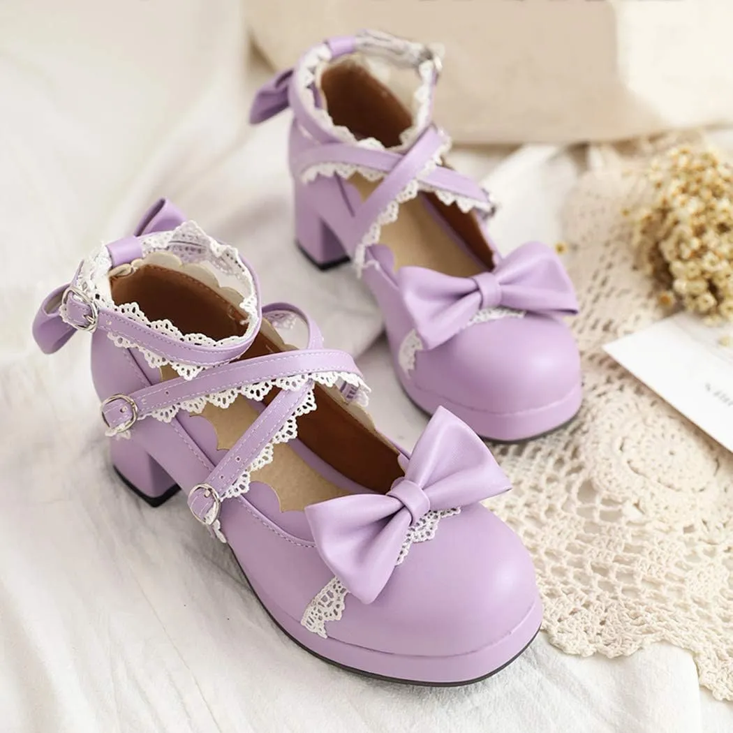 Women Block Heels Ankle Strap Maid Mary Jane Pumps Fashion Sweet Bownot Platform Cross Strap Lolita Princess Single Shoes