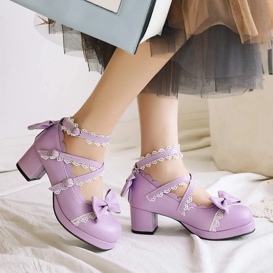 Women Block Heels Ankle Strap Maid Mary Jane Pumps Fashion Sweet Bownot Platform Cross Strap Lolita Princess Single Shoes