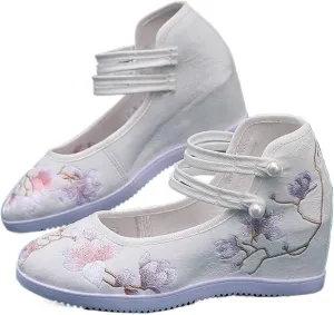 Women Canvas Embroidered Hidden Wedge Platform Shoes 7Cm High Heel Elegant Ladies Ankle Strap Pumps White