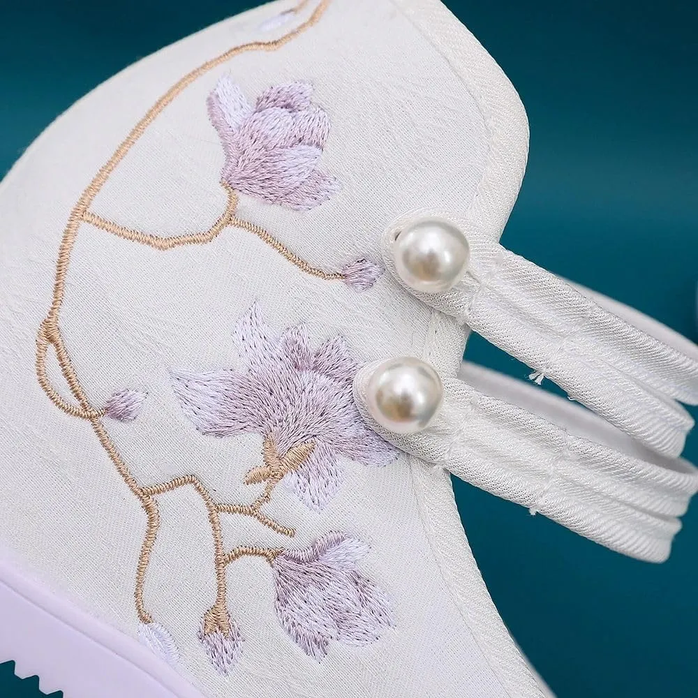 Women Canvas Embroidered Hidden Wedge Platform Shoes 7Cm High Heel Elegant Ladies Ankle Strap Pumps White
