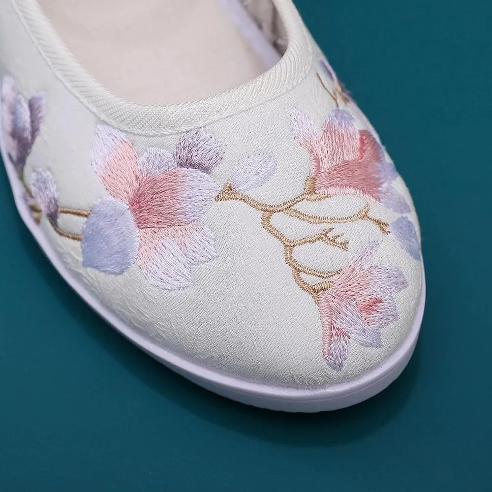 Women Canvas Embroidered Hidden Wedge Platform Shoes 7Cm High Heel Elegant Ladies Ankle Strap Pumps White
