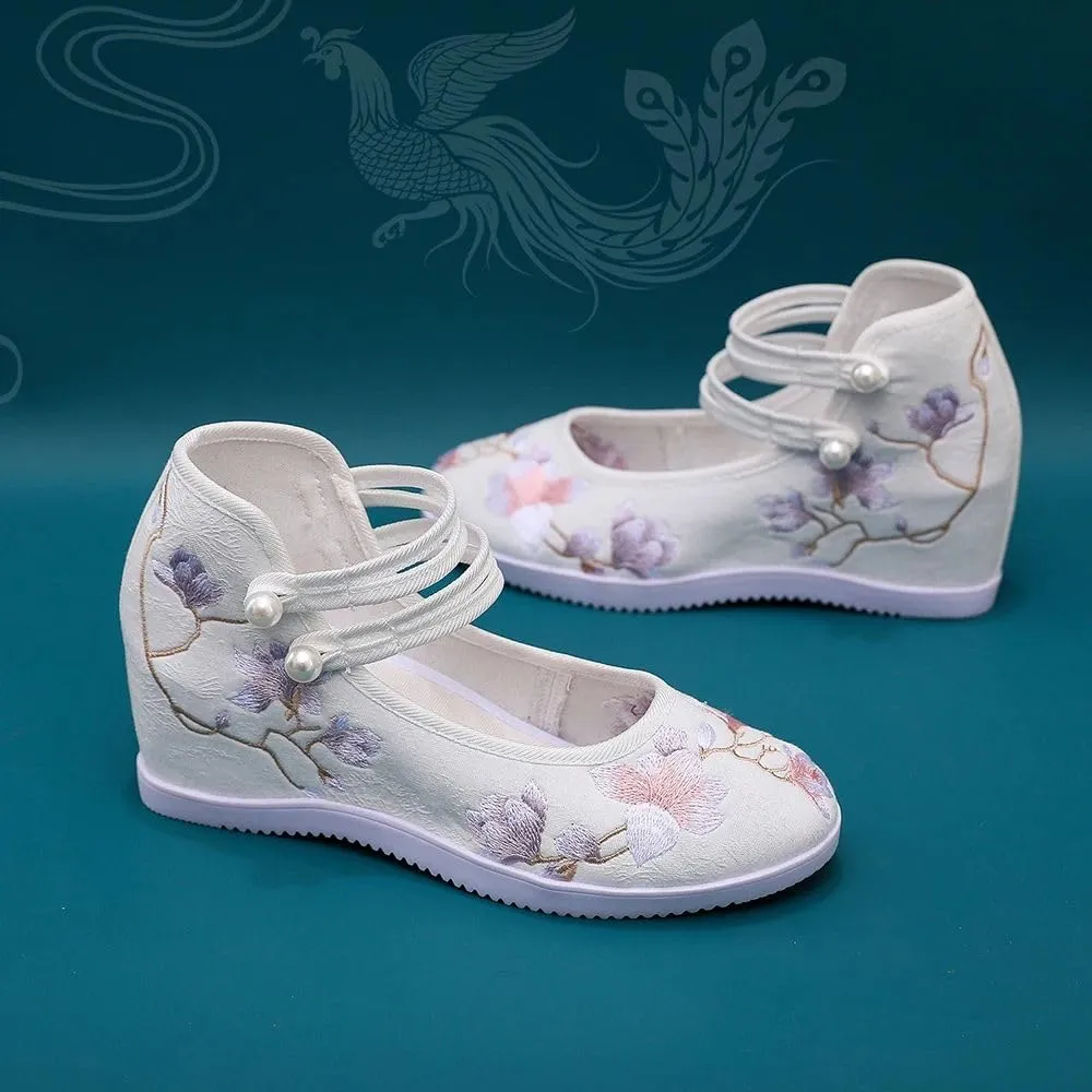 Women Canvas Embroidered Hidden Wedge Platform Shoes 7Cm High Heel Elegant Ladies Ankle Strap Pumps White
