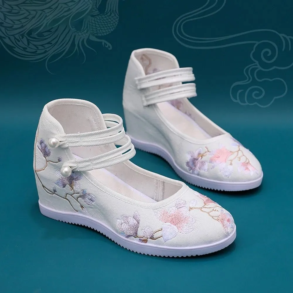 Women Canvas Embroidered Hidden Wedge Platform Shoes 7Cm High Heel Elegant Ladies Ankle Strap Pumps White