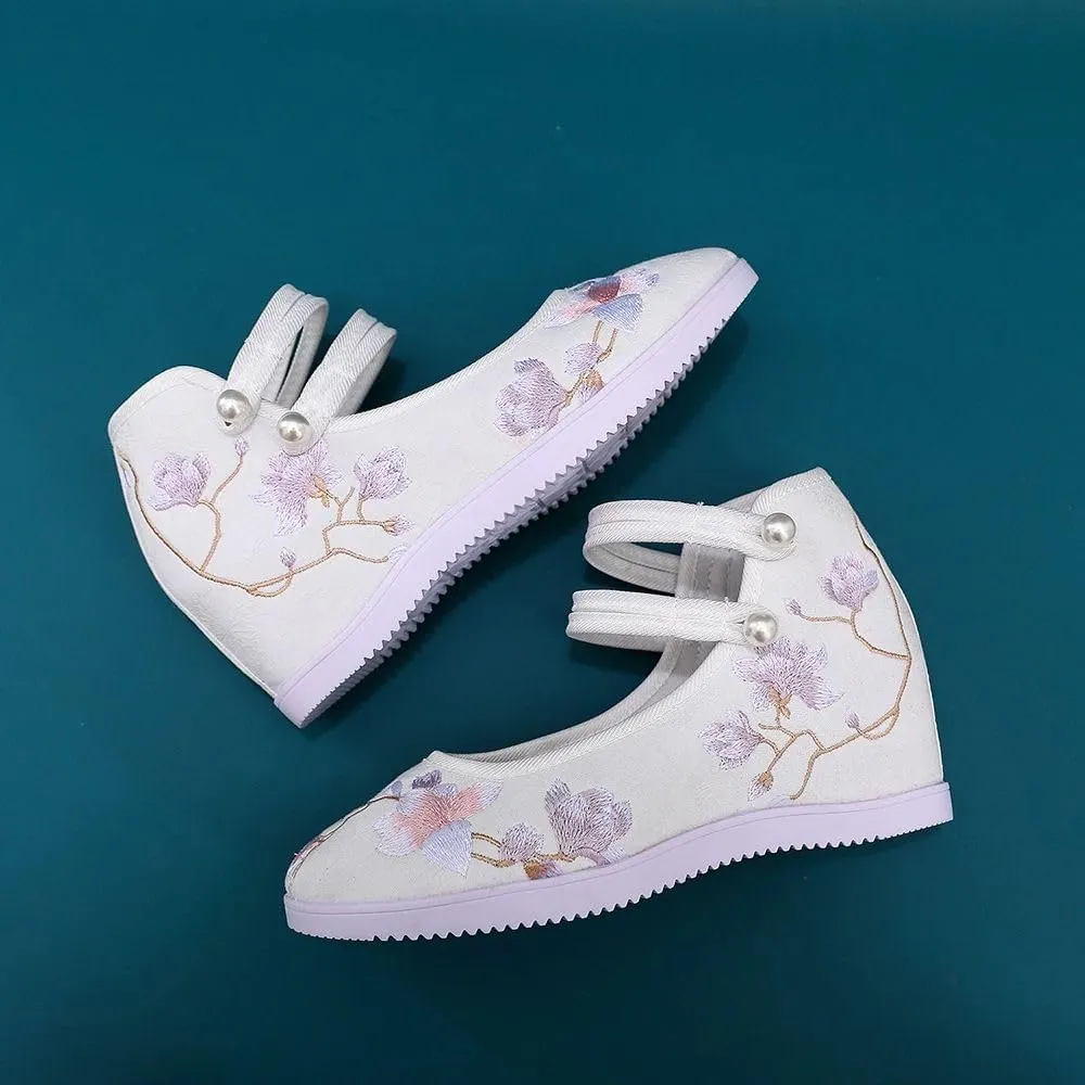 Women Canvas Embroidered Hidden Wedge Platform Shoes 7Cm High Heel Elegant Ladies Ankle Strap Pumps White