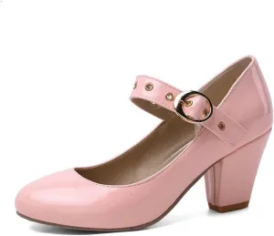 Women Chunky High Heel Mary Jane Pumps Faux Leather Buckle Strap Oxford Round Toe Party Dress Shoes