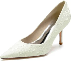 Women Closed Toe Heel Pumps Slip on Lace Satin Wedding Bridal Shoes Court Shoes Pointed Heel Wedding Sandals