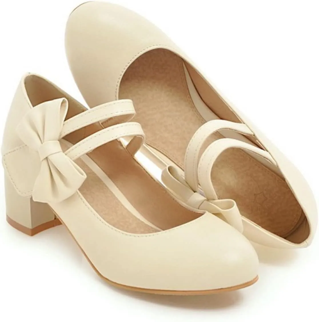 Women Double Strap Round Toe Mary Janes Sweet Bow Chunky Mid Heel Comfort Wedding Dress Pumps Shoes