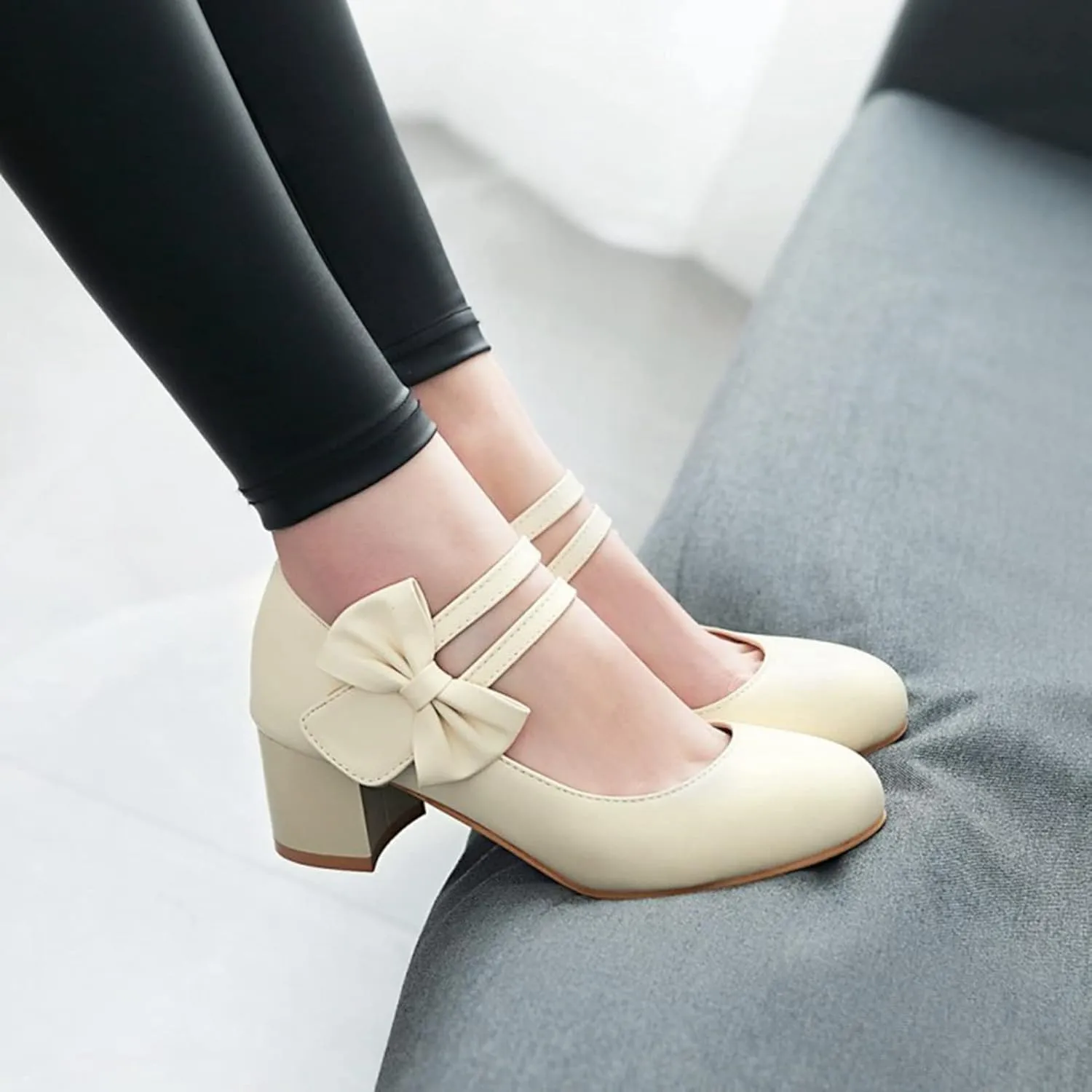 Women Double Strap Round Toe Mary Janes Sweet Bow Chunky Mid Heel Comfort Wedding Dress Pumps Shoes