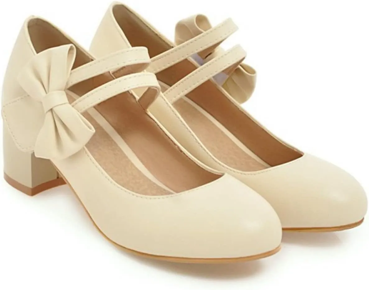 Women Double Strap Round Toe Mary Janes Sweet Bow Chunky Mid Heel Comfort Wedding Dress Pumps Shoes