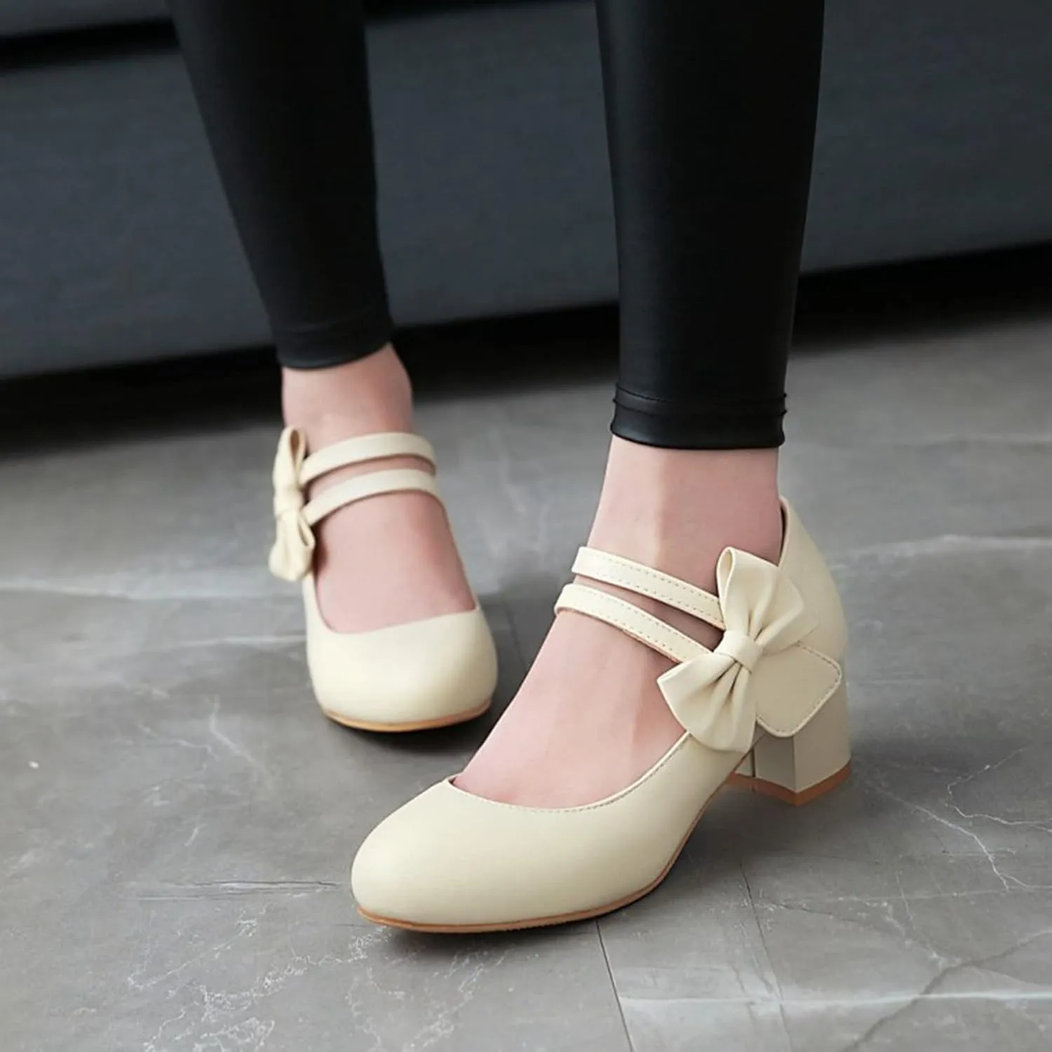 Women Double Strap Round Toe Mary Janes Sweet Bow Chunky Mid Heel Comfort Wedding Dress Pumps Shoes