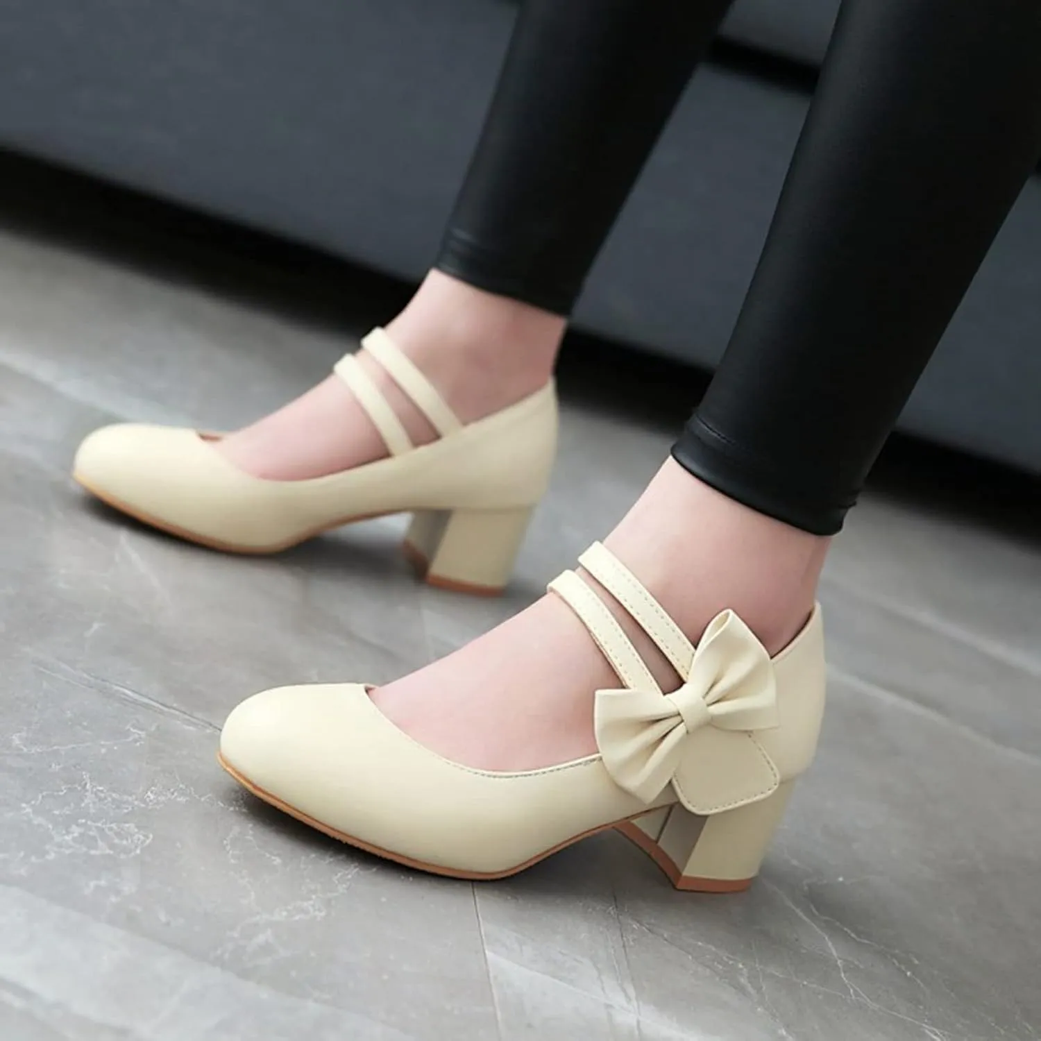 Women Double Strap Round Toe Mary Janes Sweet Bow Chunky Mid Heel Comfort Wedding Dress Pumps Shoes